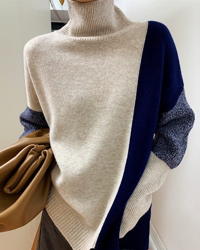 Pull ample à col montant contrastant pour femme