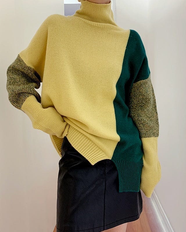Pull ample à col montant contrastant pour femme
