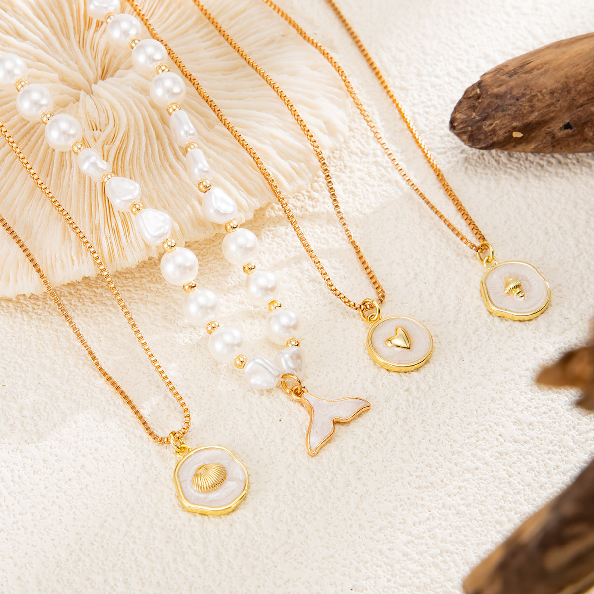 Ocean Wind Fish Tail Pearl Necklace Baroque Four-Pointed Star Heart Pendant