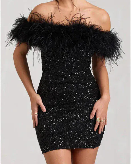 Robe tube à paillettes et plumes