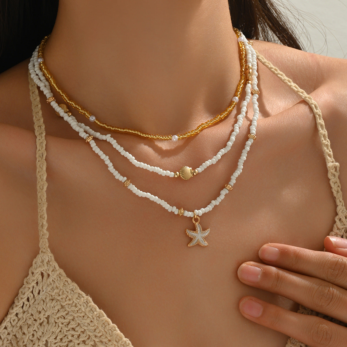 Summer Versatile Starfish Shell Bead Necklace 3 Suit